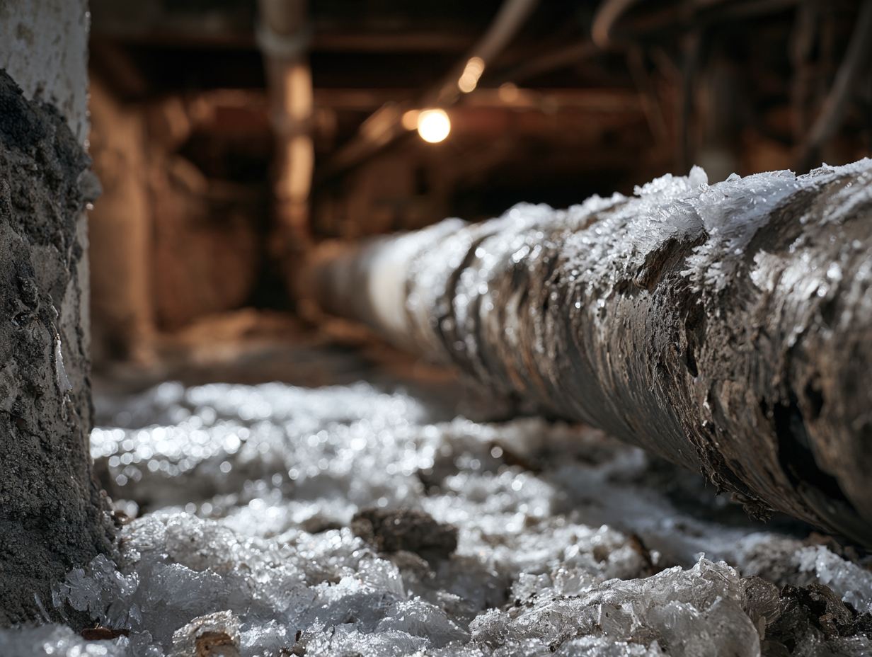 Frost and ice coating an exposed pipe in a crawl space